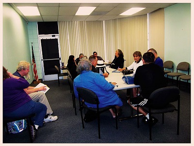 The adjustment to blindness peer support group meeting in the pancake room at BSS